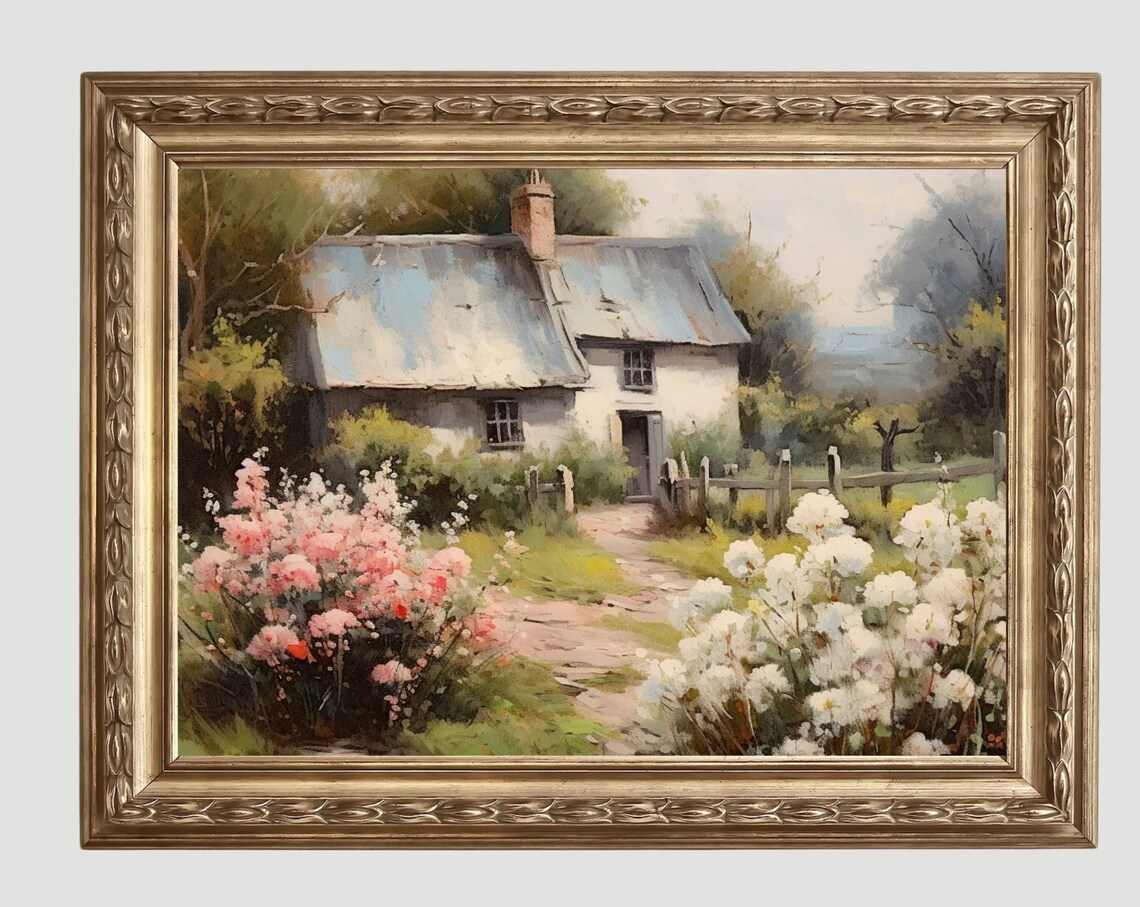 Cozy Cottage Surrounded By Pink And White Blossom Bushes Print