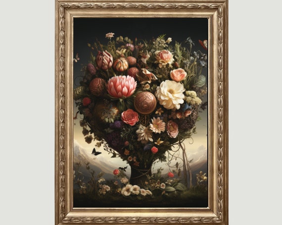 Vintage Dark Flower Bouquet Print Dark Academia Moody Decor Botanical Wall Art Floral Still Life Painting Dark Cottagecore Aesthetic 280