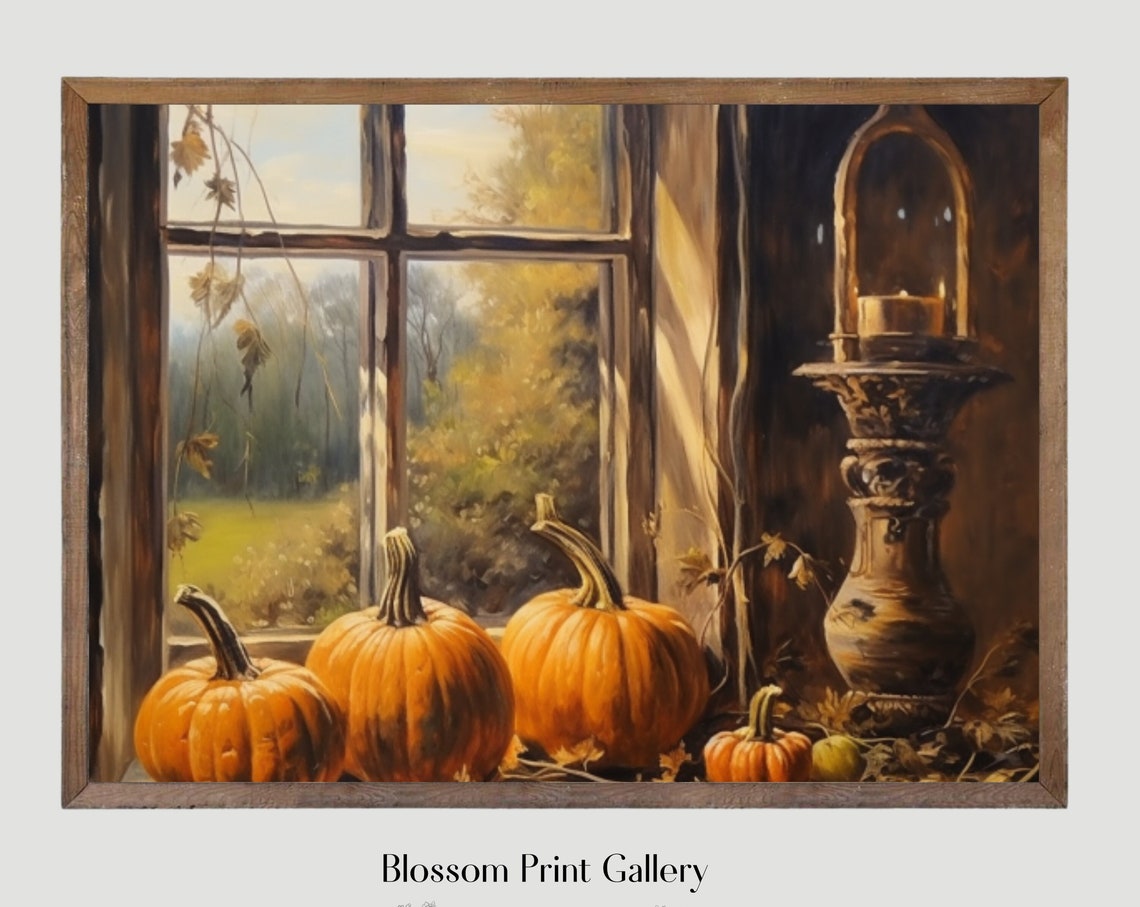 Pumpkins On Autumn Windowsill With Lantern Golden Fall Poster