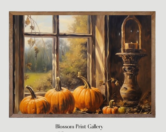 Pumpkins On Autumn Windowsill With Lantern Golden Fall Poster