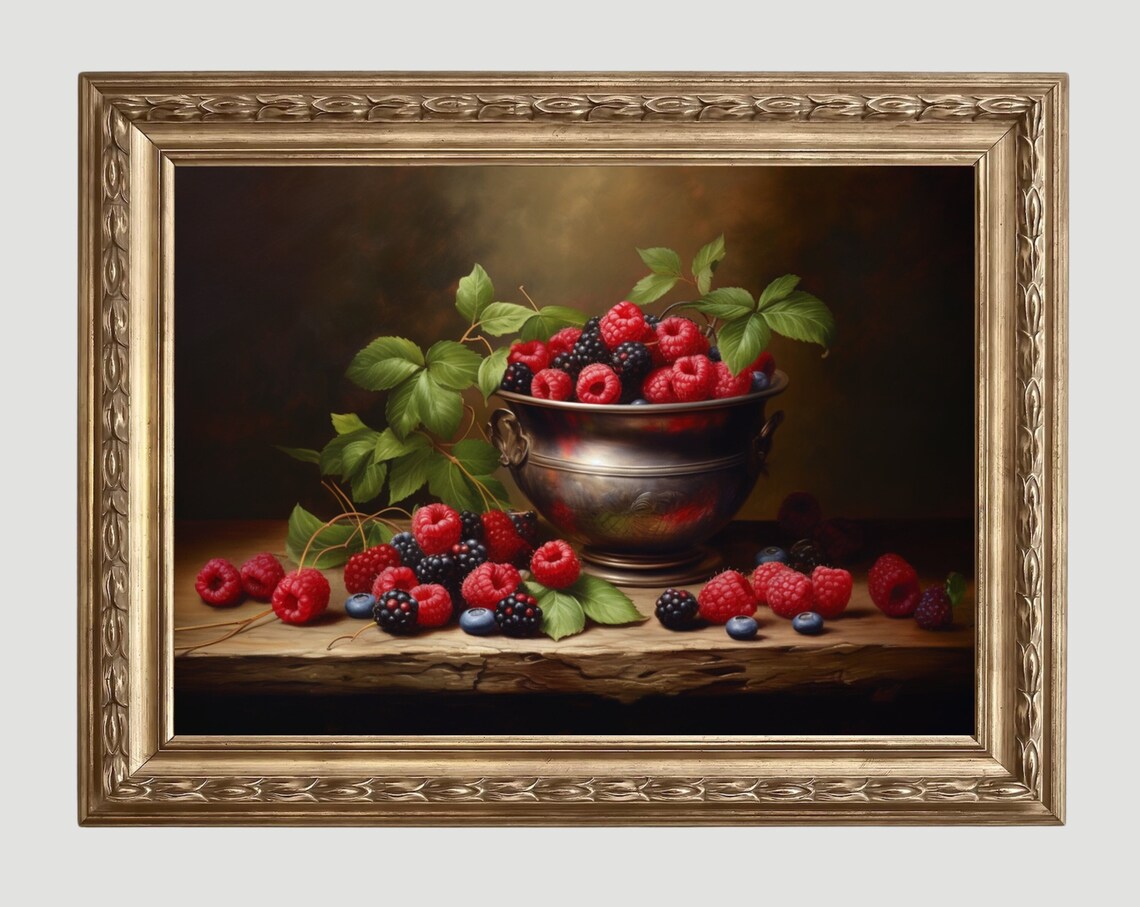 Moody Raspberries Vintage Fruit Still Life Art Print