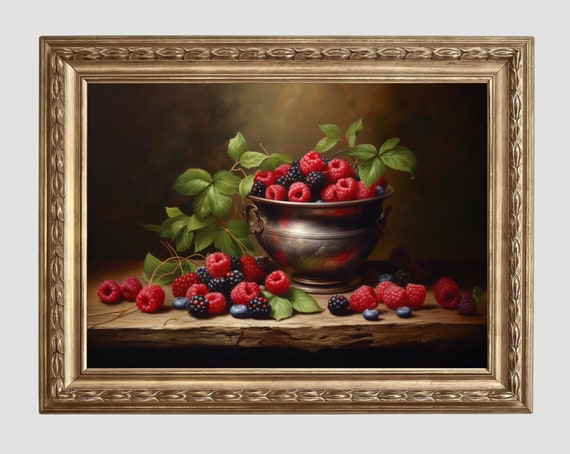 Moody Raspberries Vintage Fruit Still Life Art Print