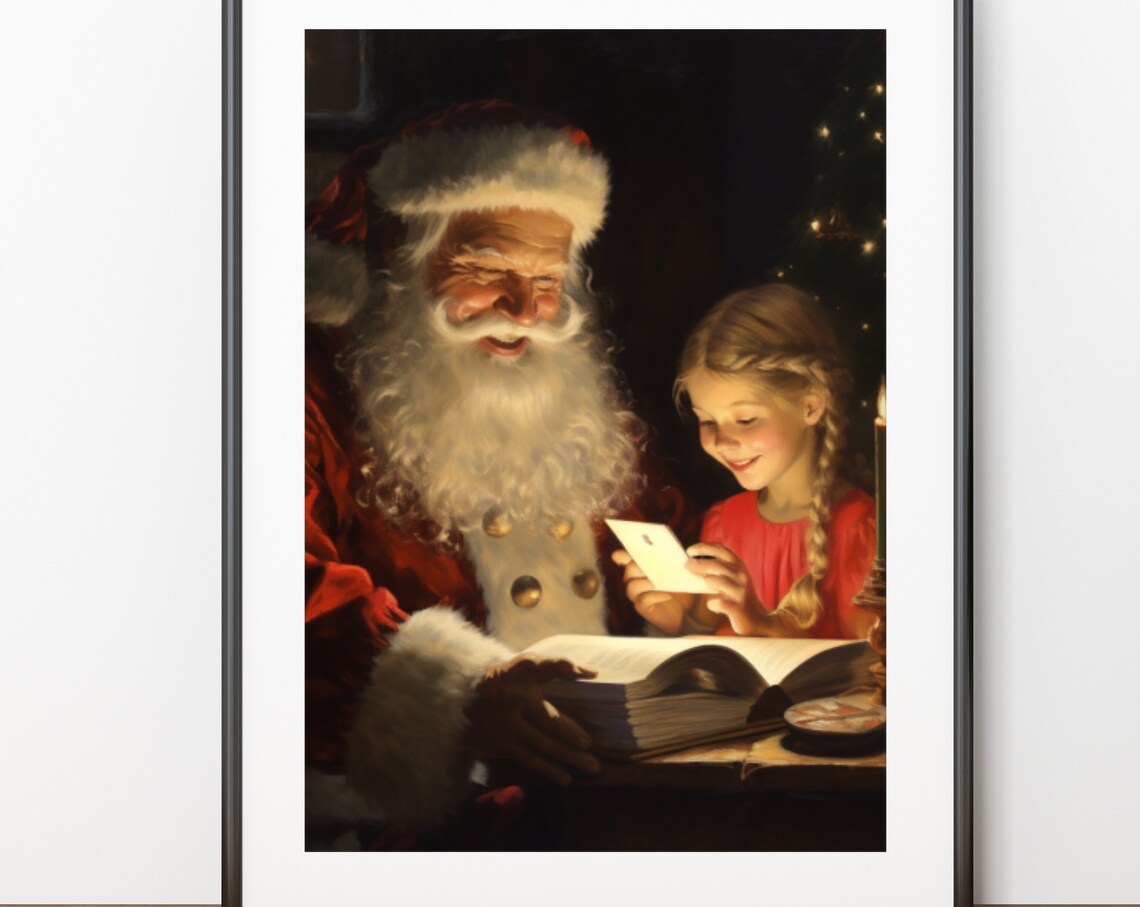 Santa Claus Little Girl Christmas Card Reading Painting Poster