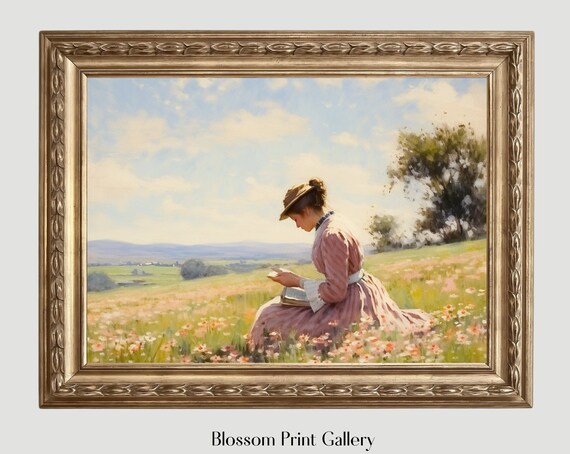 Woman Reading In Pink Wildflower Field Hillside Painting Poster