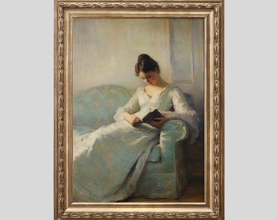 Impressionist Woman Reading Book on Sofa Vintage Interior Painting Poster