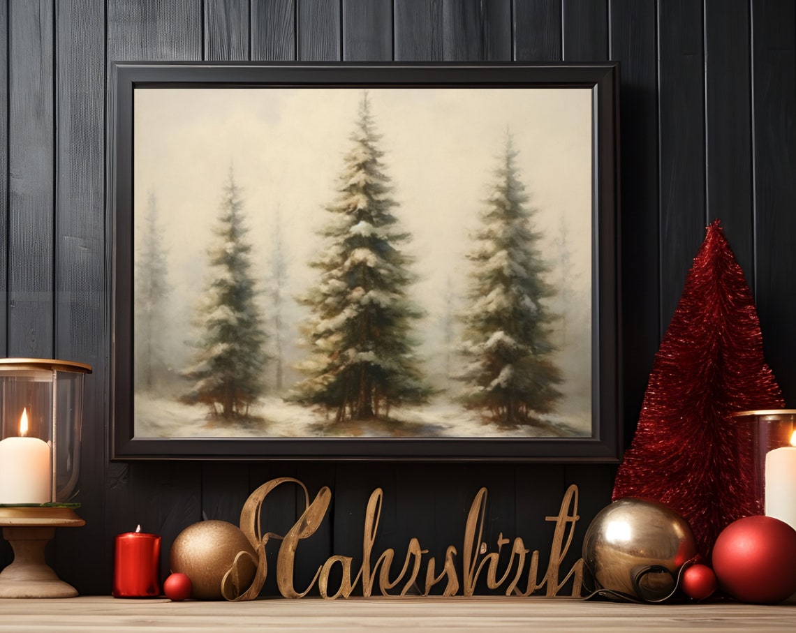 Snow Covered Pines In Winter Forest Misty Landscape Painting Poster - Image 5