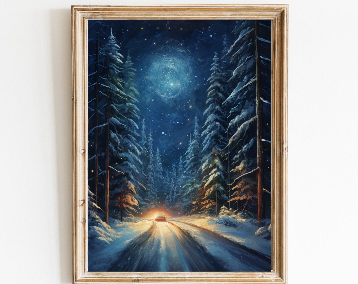 Starry Night Snowy Forest Road with Car Headlights Painting Poster
