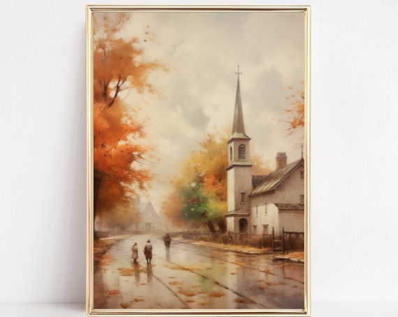 Autumn Landscape Print Fall Vintage Church Rustic Fall Decor Moody Wall Art Town City 139