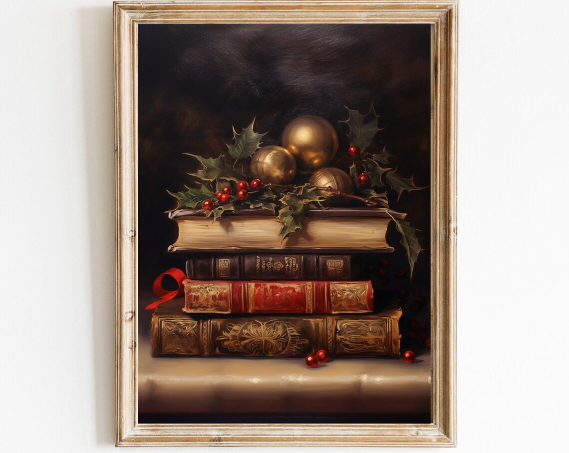 Rustic Christmas Book Still Life, Vintage Wall Art