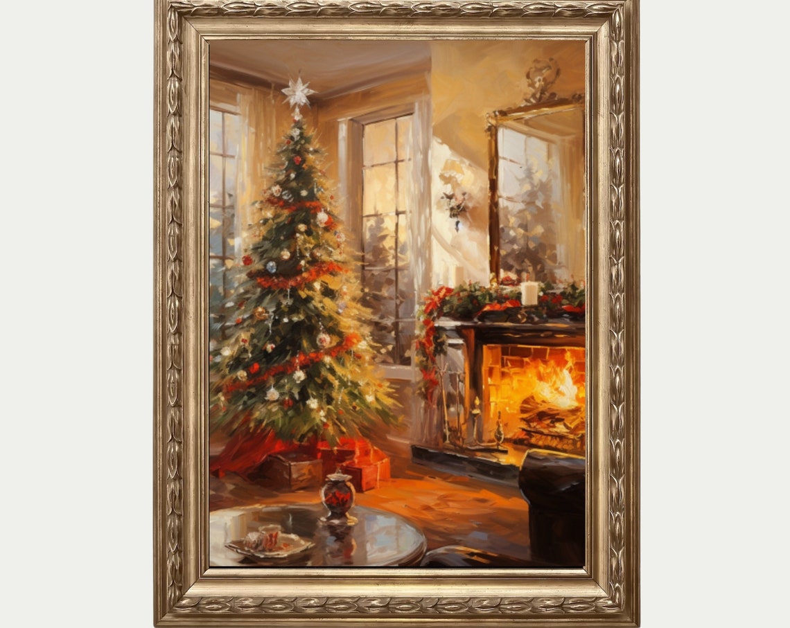 Cozy Christmas Living Room Fireplace Tree Warm Holiday Wall Art