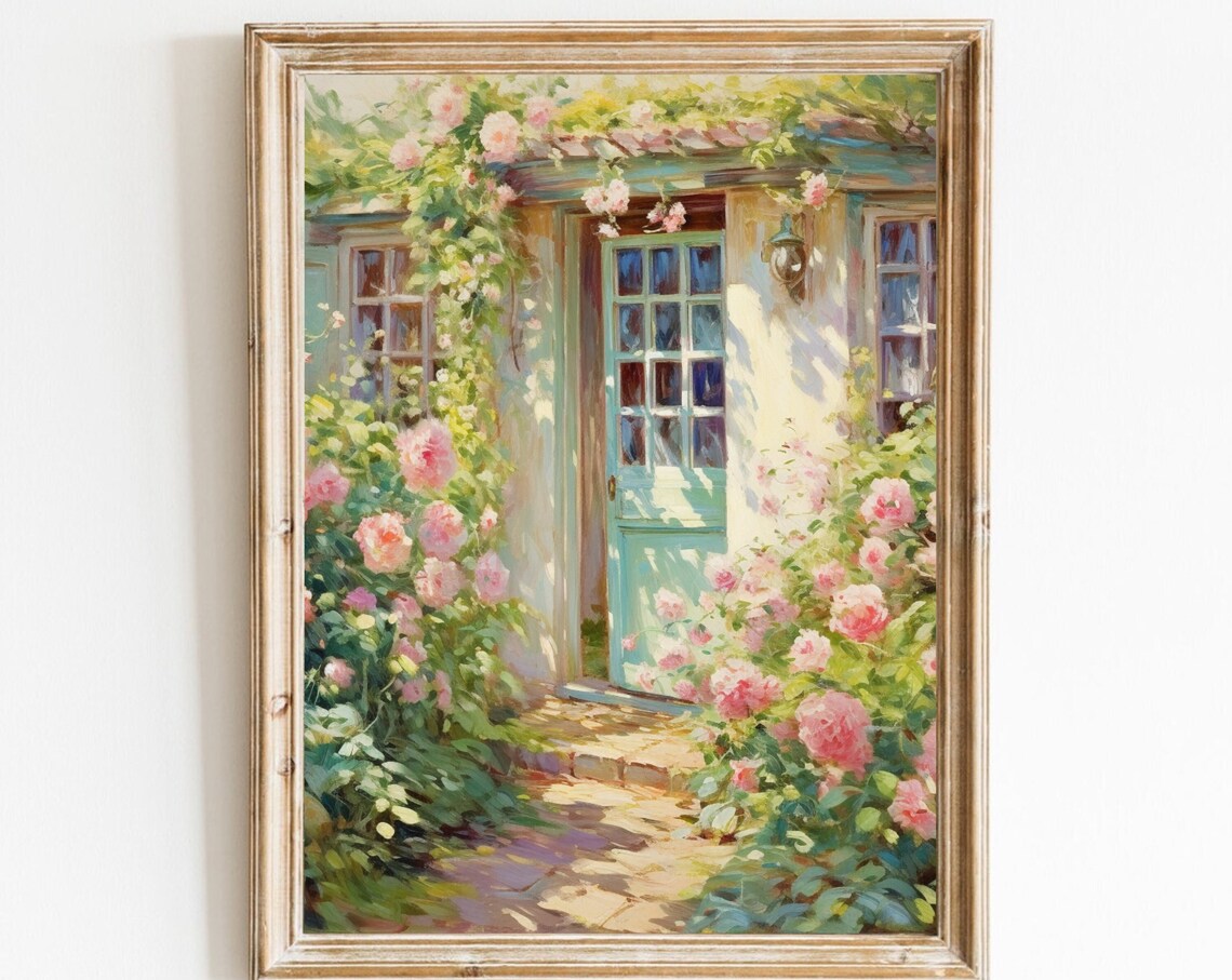 Spring Cottage Doorway with Climbing Pink Roses Painting Poster