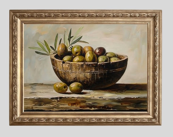 Green Olives Painting Vintage Still Life Kitchen Home Decor Antique Oil Painting Country Kitchen Wall Art Moody 567