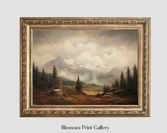 Rustic Mountain Landscape Oil Painting Farmhouse Decor Living Room Wall Art Vintage Country Scenery 360