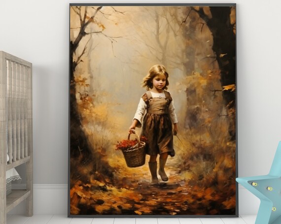 Little Girl with Berry Basket in Autumn Woods Painting Poster