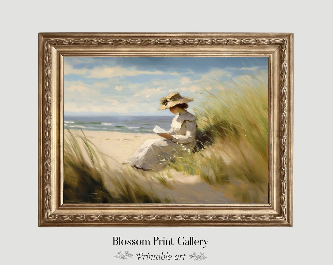Vintage Woman Reading On Beach Dunes In White Dress Summer Poster