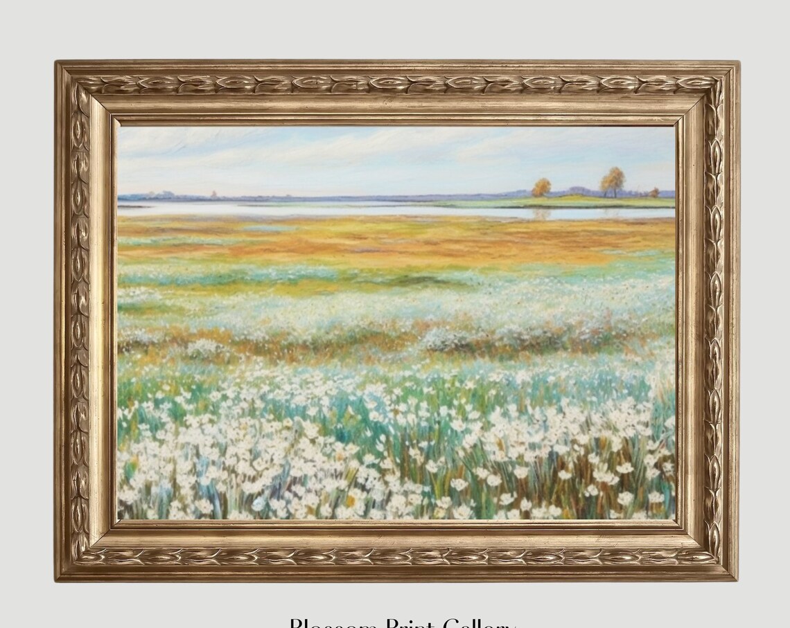 White Wildflower Meadow Golden Marsh Landscape Vintage Oil Painting Poster