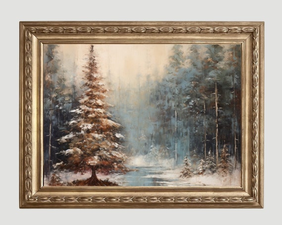 Vintage Snowy Winter Landscape Painting Christmas Wall Art Nature Print Moody Winter Forest 174