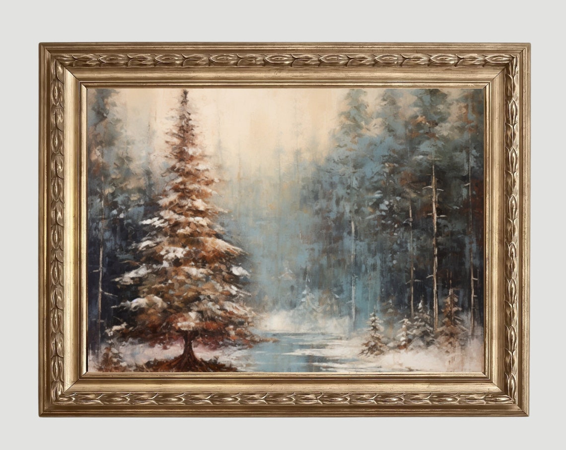 Snowy Evergreen in a Misty Winter Forest Moody Painting Poster