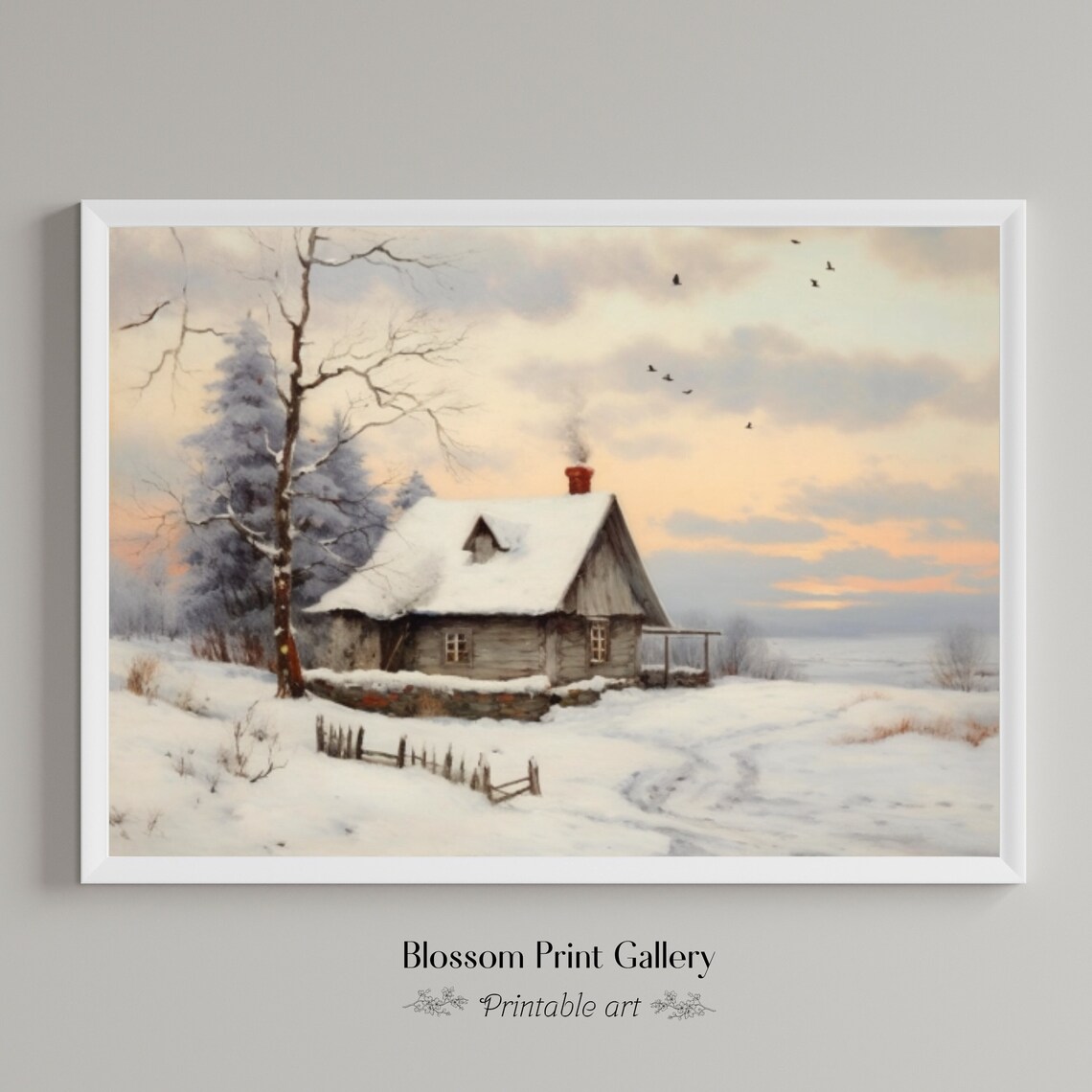 Rustic Winter Cabin At Sunset Birds Vintage Landscape Art Poster