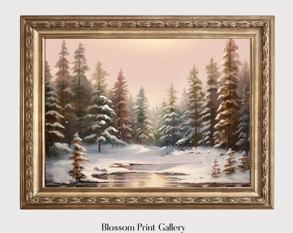 Vintage Snowy Winter Landscape Painting Christmas Wall Art Nature Decor Moody Rustic Forest Creek Pinetrres 194
