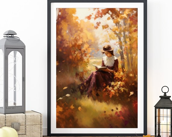 Book Lover Woman Reading in Golden Autumn Forest Painting Poster