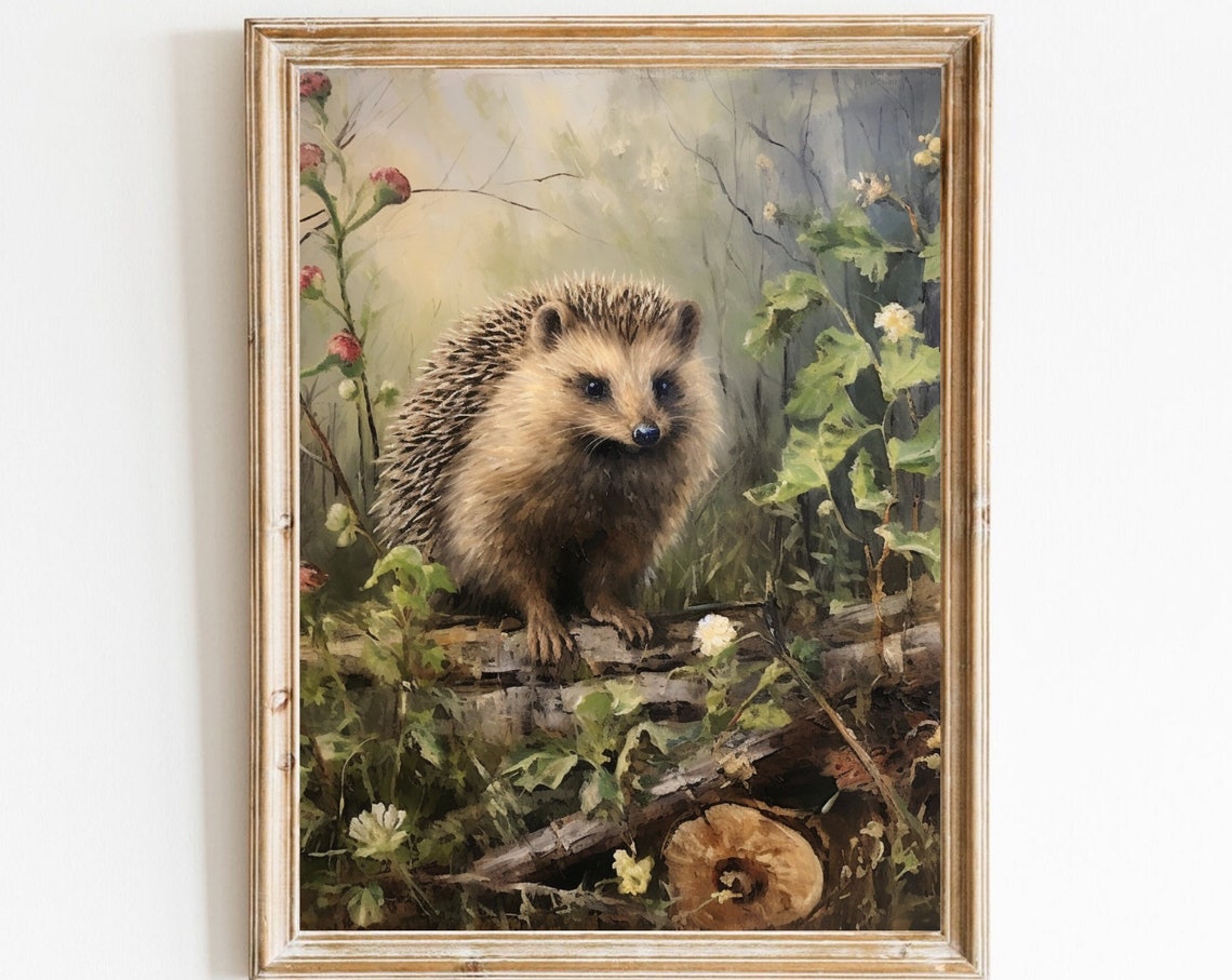 Vintage Hedgehog Painting Woodland Garden Wildflowers Poster