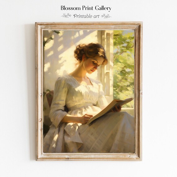 Young Woman Reading by Sunlit Window Vintage Portrait Poster