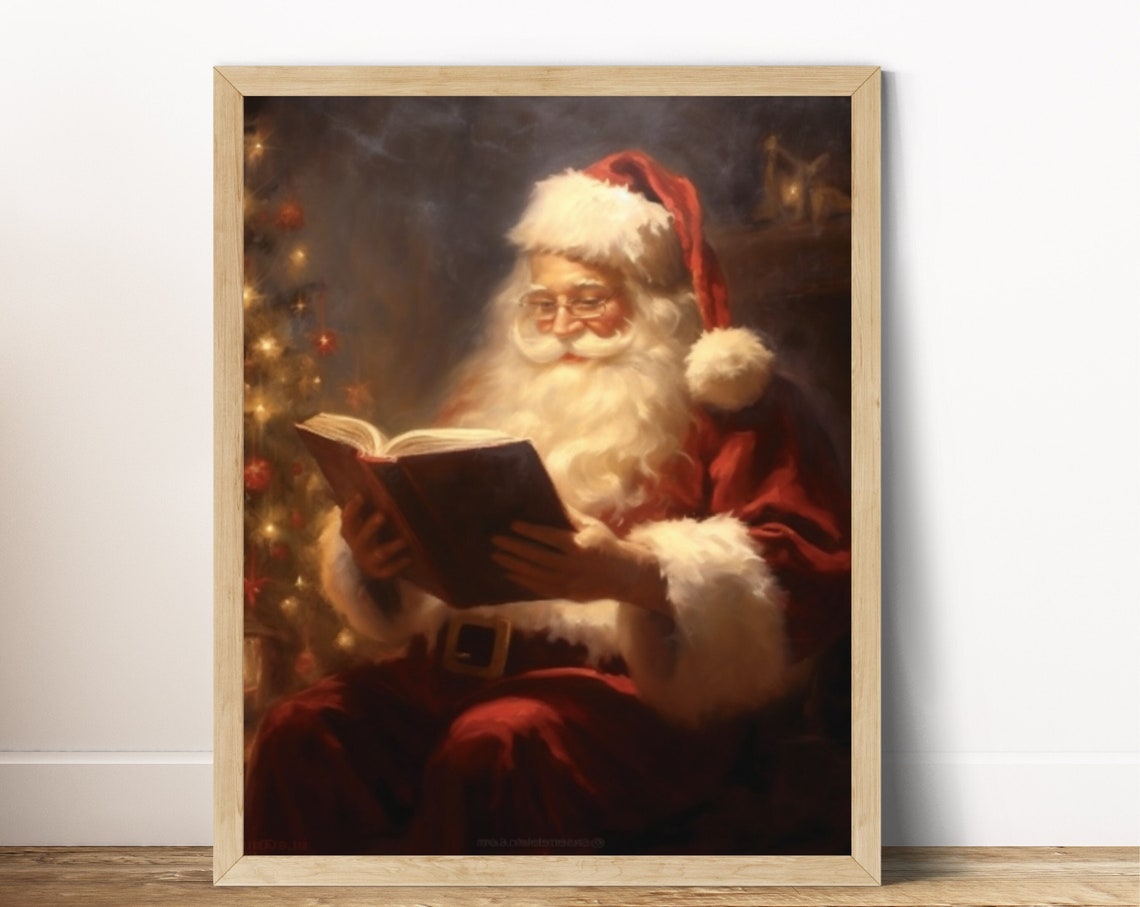 Santa Claus Reading By Christmas Tree Warm Portrait Art Poster
