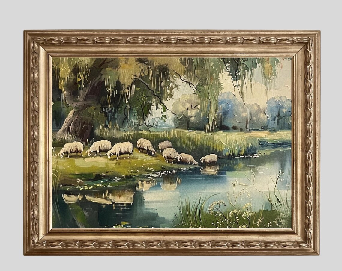 Peaceful Sheep Grazing By Pond Pastoral Oil Landscape Poster