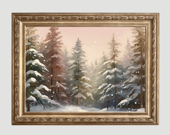 Vintage Snowy Winter Landscape Painting Christmas Wall Art Nature Decor Moody Rustic Forest Creek Pinetrres 194