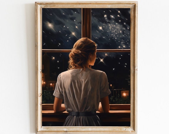 Woman In The Window Painting Wall Art Dark Academia Decor Aesthetic Night Bright Sky Art Moody Portrait Woman 232
