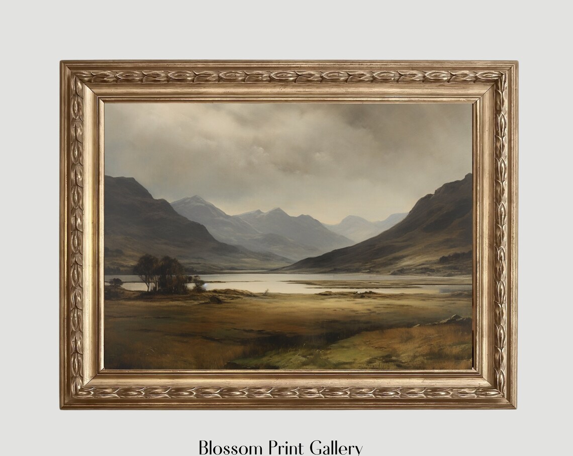 Moody Misty Mountain Lake Valley View In Muted Earth Tones Print