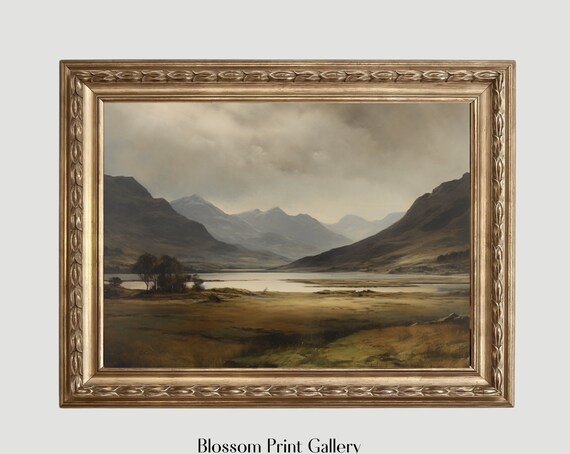 Lakeside Mountain Print Landscape Oil Painting Farmhouse Decor Living Room Wall Art Vintage Country Scenery 406