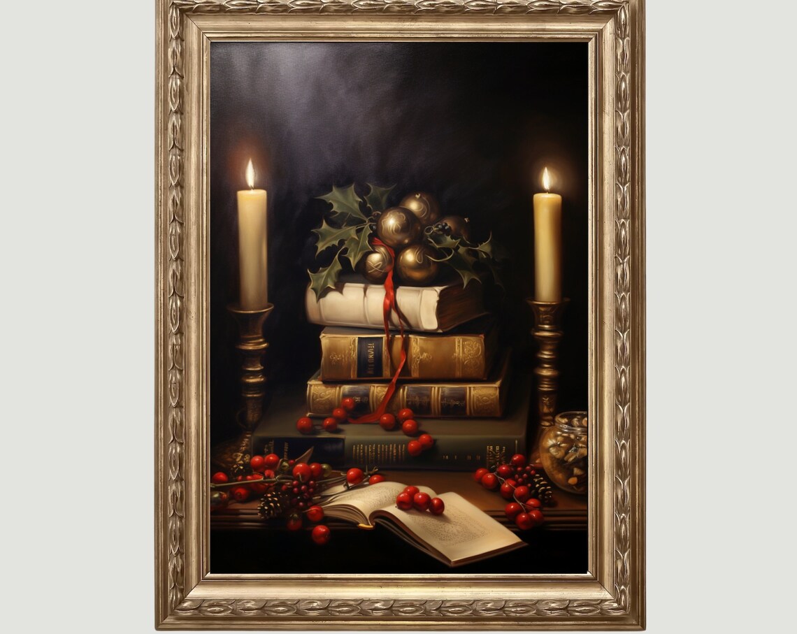 Candlelit Books Holly Berries Christmas Still Life Painting Poster