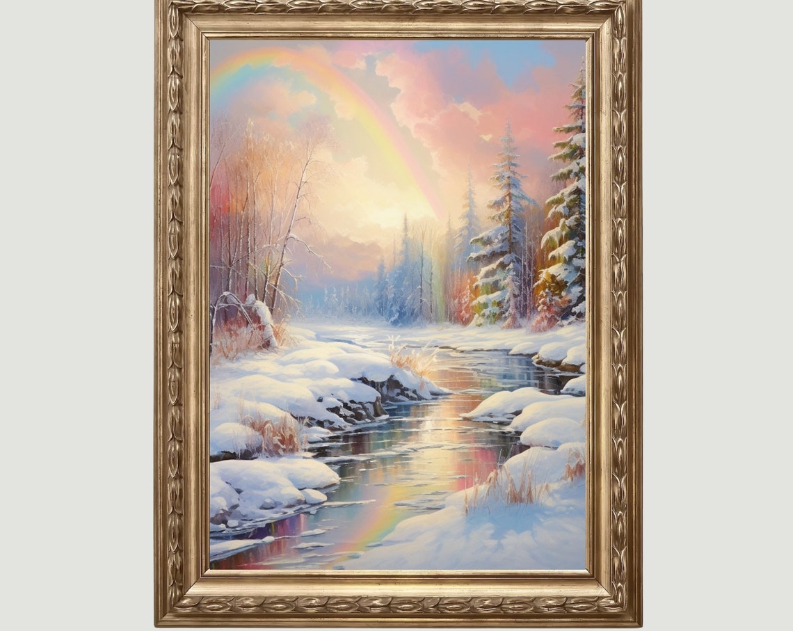 Snowy Winter Stream With A Rainbow Arching Over Snowy Banks Print