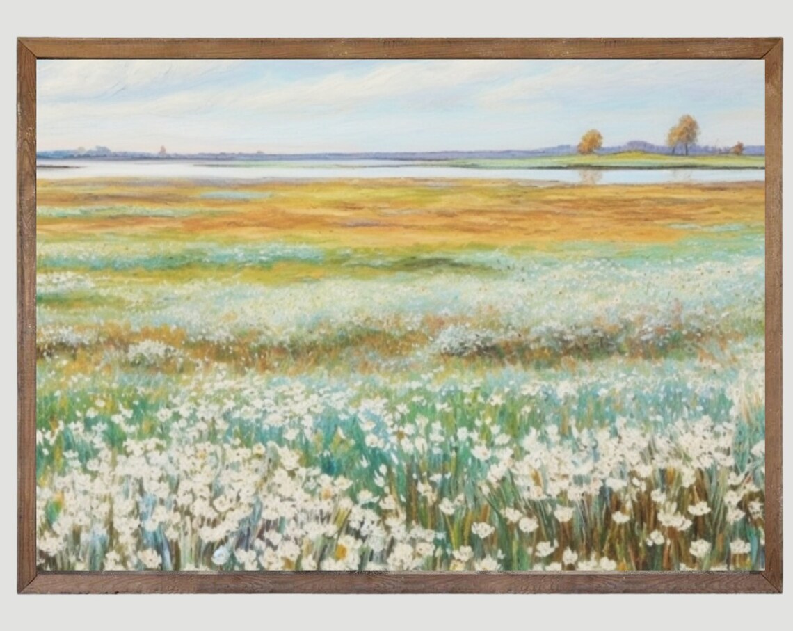 White Wildflower Meadow Golden Marsh Landscape Vintage Oil Painting Poster - Image 6