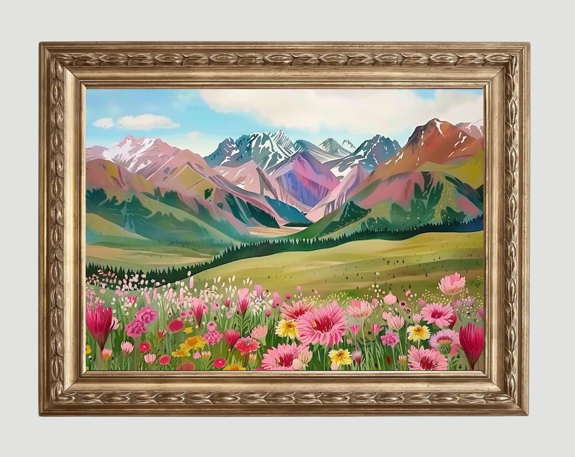 Pink Wildflower Meadow Beneath Snowcapped Peaks Landscape Poster