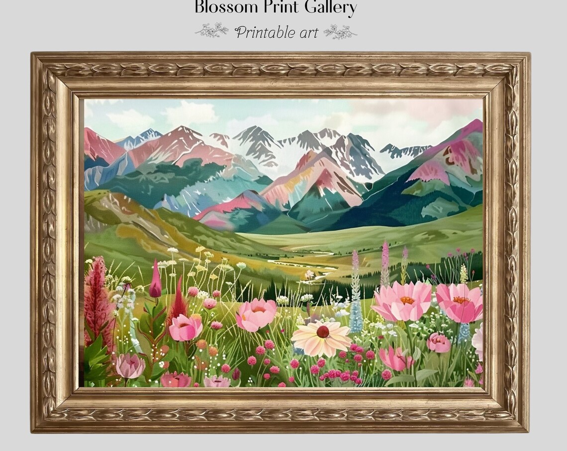 Pink Wildflower Meadow with Colorful Mountain Peaks Art Poster - Image 6