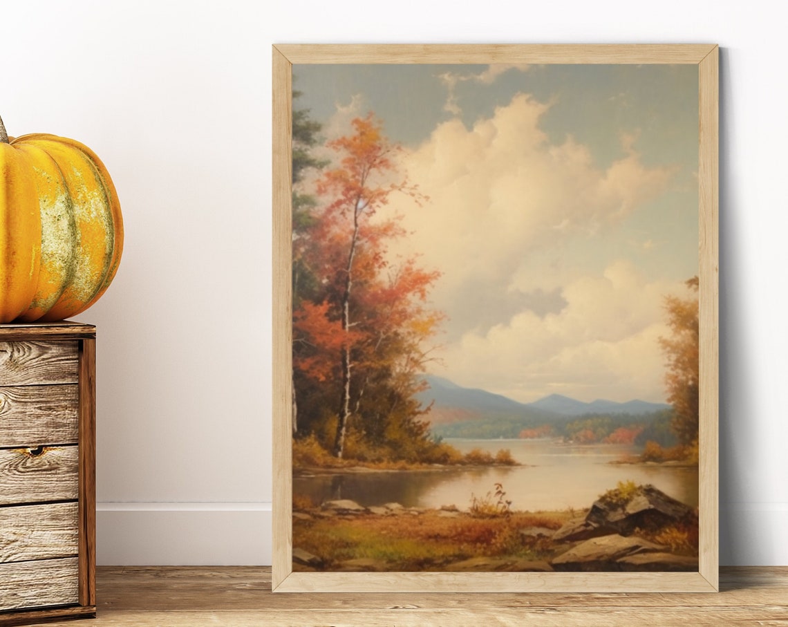 Serene Autumn Lake with Mountains and Clouds Painting Poster - Image 6