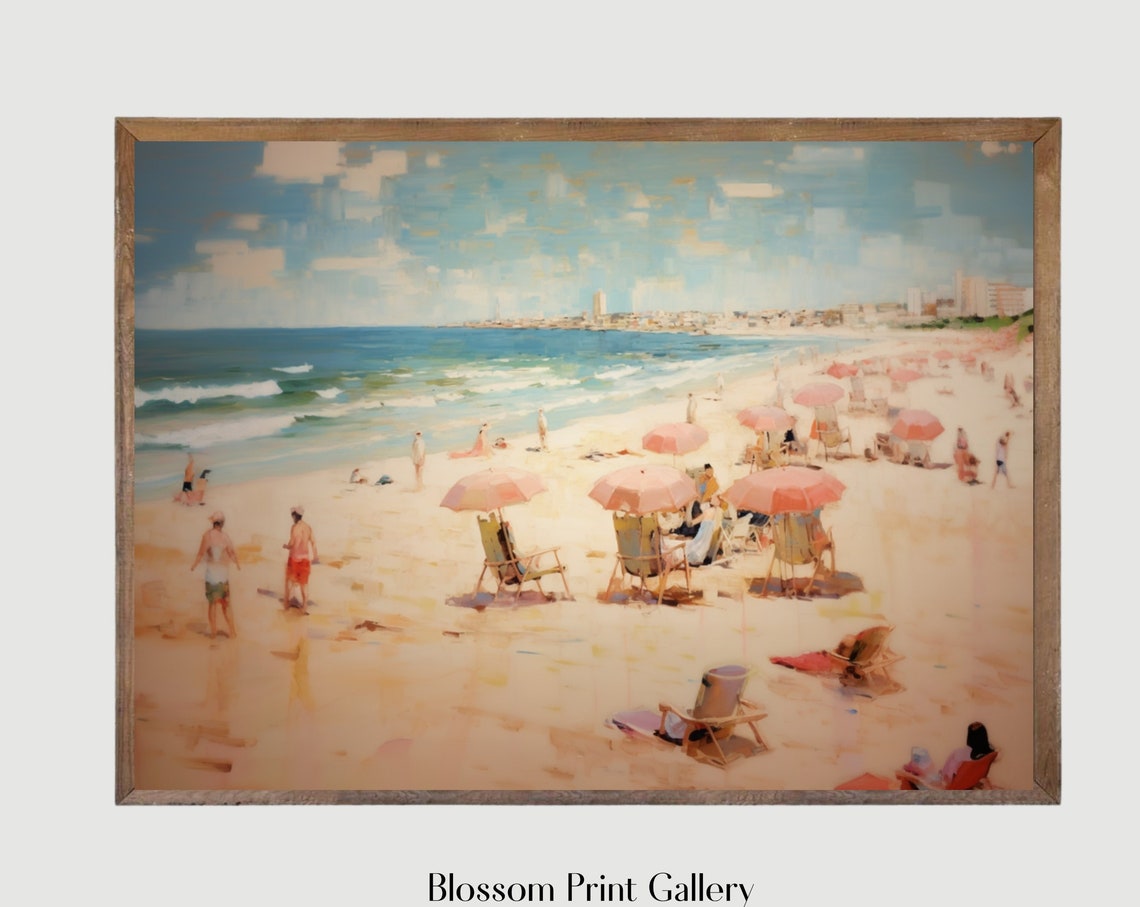 Busy Sandy Beach With Coral Umbrellas And Beach Chairs In Summer Print