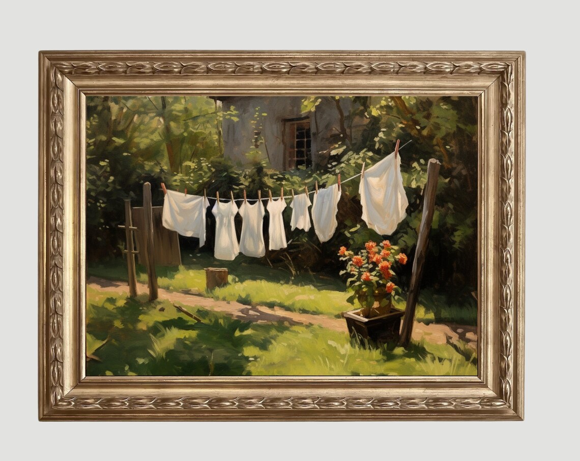 White Laundry Drying On A Clothesline In A Sunny Garden Painting Poster