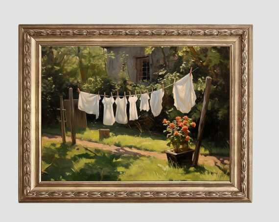 White Laundry Drying On A Clothesline In A Sunny Garden Painting Poster