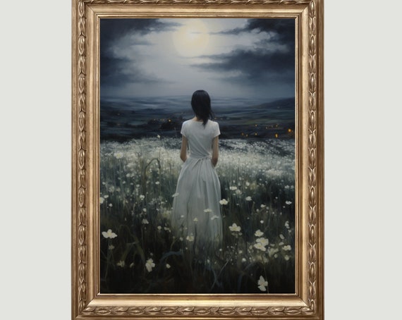 Night Meadow Landscape Woman Painting Wall Art Moody Field Dark Academia Decor Aesthetic Midnight Field 186