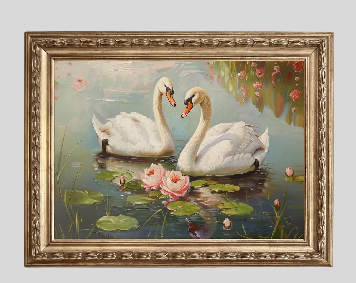 Vintage Swan Couple Painting Nursery Wall Art Coquette Romantic Wall Art Antique Soft Teen Girl Room Decor Pink Green Decor 545 - Image 6