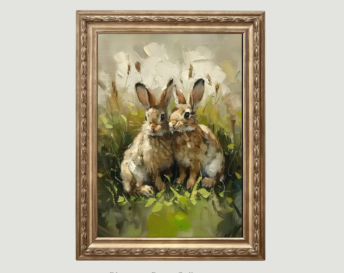 Two Wild Rabbits In Summer Meadow Vintage Oil Painting Poster