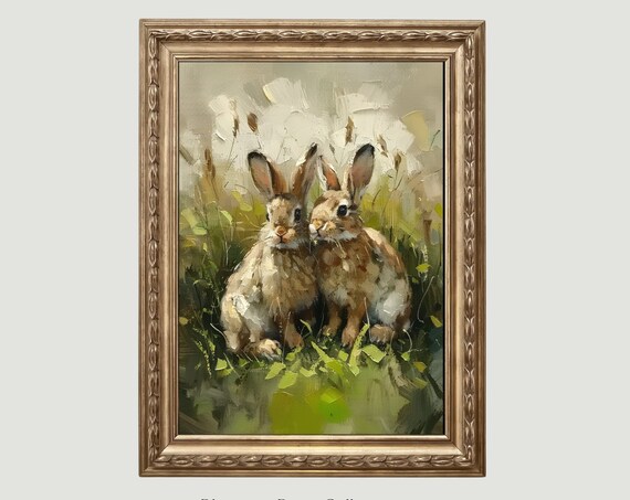 Two Wild Rabbits In Summer Meadow Vintage Oil Painting Poster