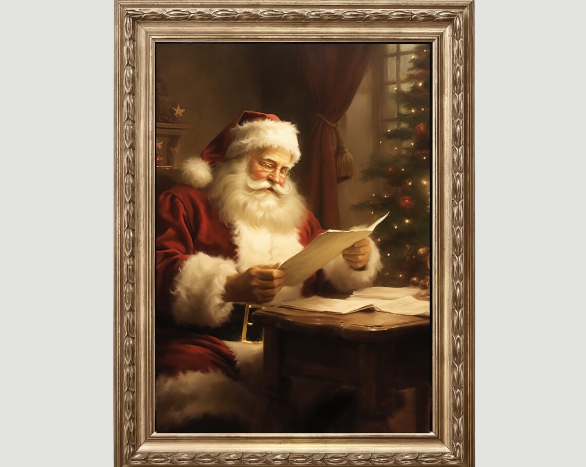 Santa Claus Reading Letters Vintage Christmas Night Painting Poster