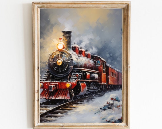 Winter Train Vintage Christmas Snowy Prints Moody Landscape Painting Rustic Red Train Wall Art 228