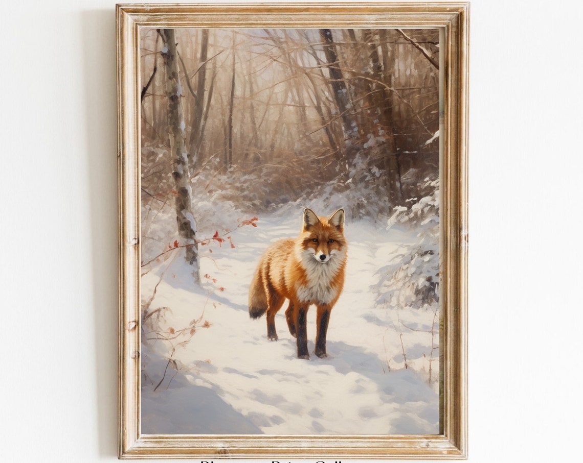 Red Fox Standing in Snowy Winter Forest Wildlife Painting Poster