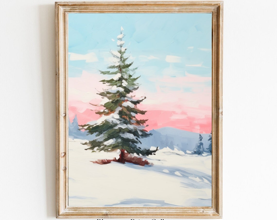 Snowy Pine Tree Pink Sunset Winter Landscape Painting Poster
